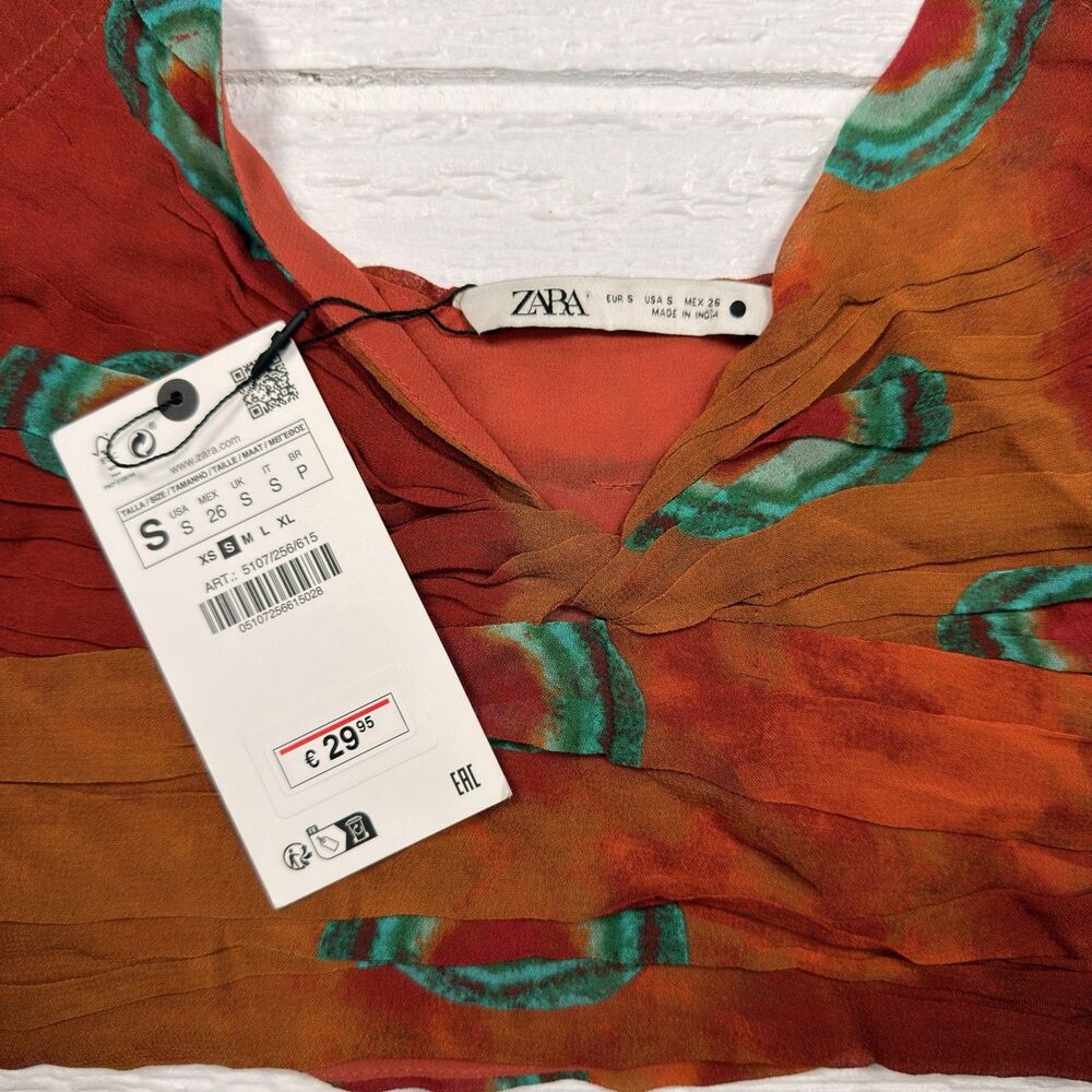 Zara Boho Festival Halter Crop Top Tie Dye Rust Teal Beaded Smocked Small NWT - Picture 8 of 16
